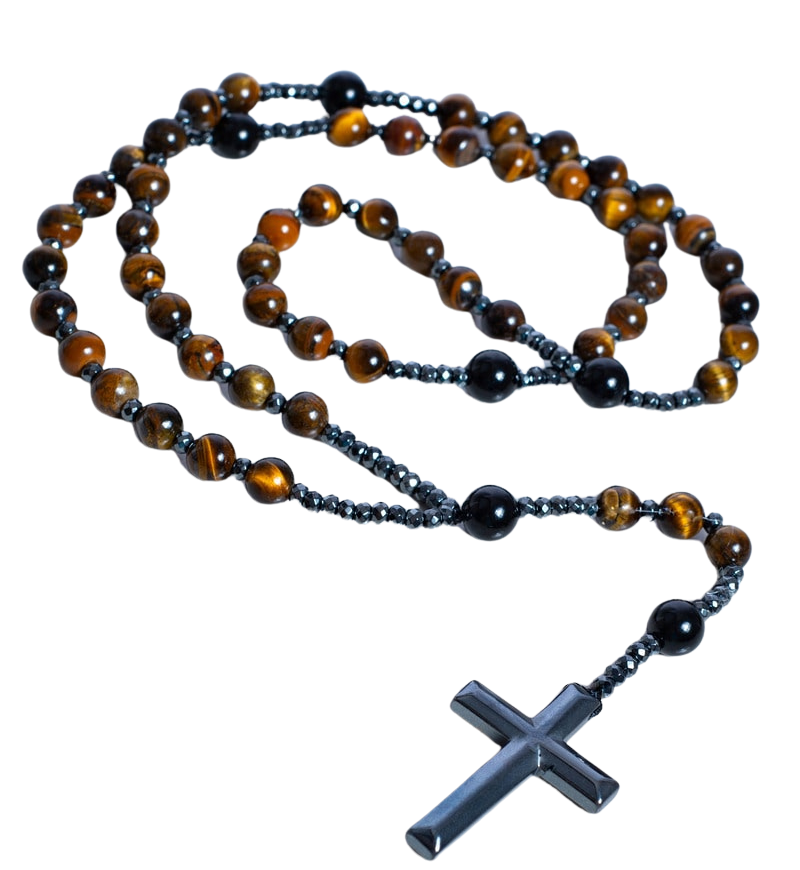 Blessed handmade rosary with lava stone and hematite beads from Jerusalem