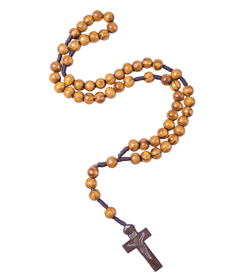 Handcrafted olive wood rosary with carved Jesus cross